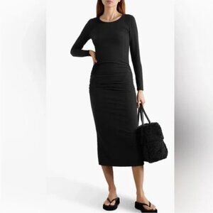 Standard James Perse Ruched Waist Midi Dress Long Sleeve Stretch Knit Black
